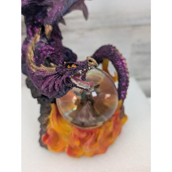 Purple Dragon Wizard Crystal Ball Resin Figurine Statue Fantasy Flames Glitter - Picture 10 of 14